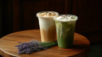 Iced lavender latte and matcha green tea with foam and lavender garnish on wooden table
