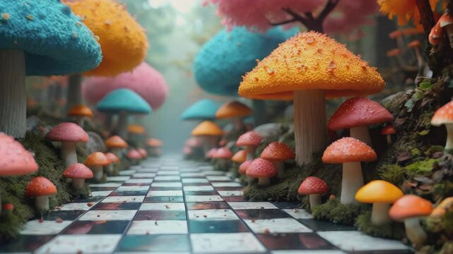 Alice in Wonderland. POV walking down a stone path lined with giant, colorful mushrooms in a misty forest. The whimsical scene evokes a sense of wonder, as if she's journeying into a magical, fairy-ta