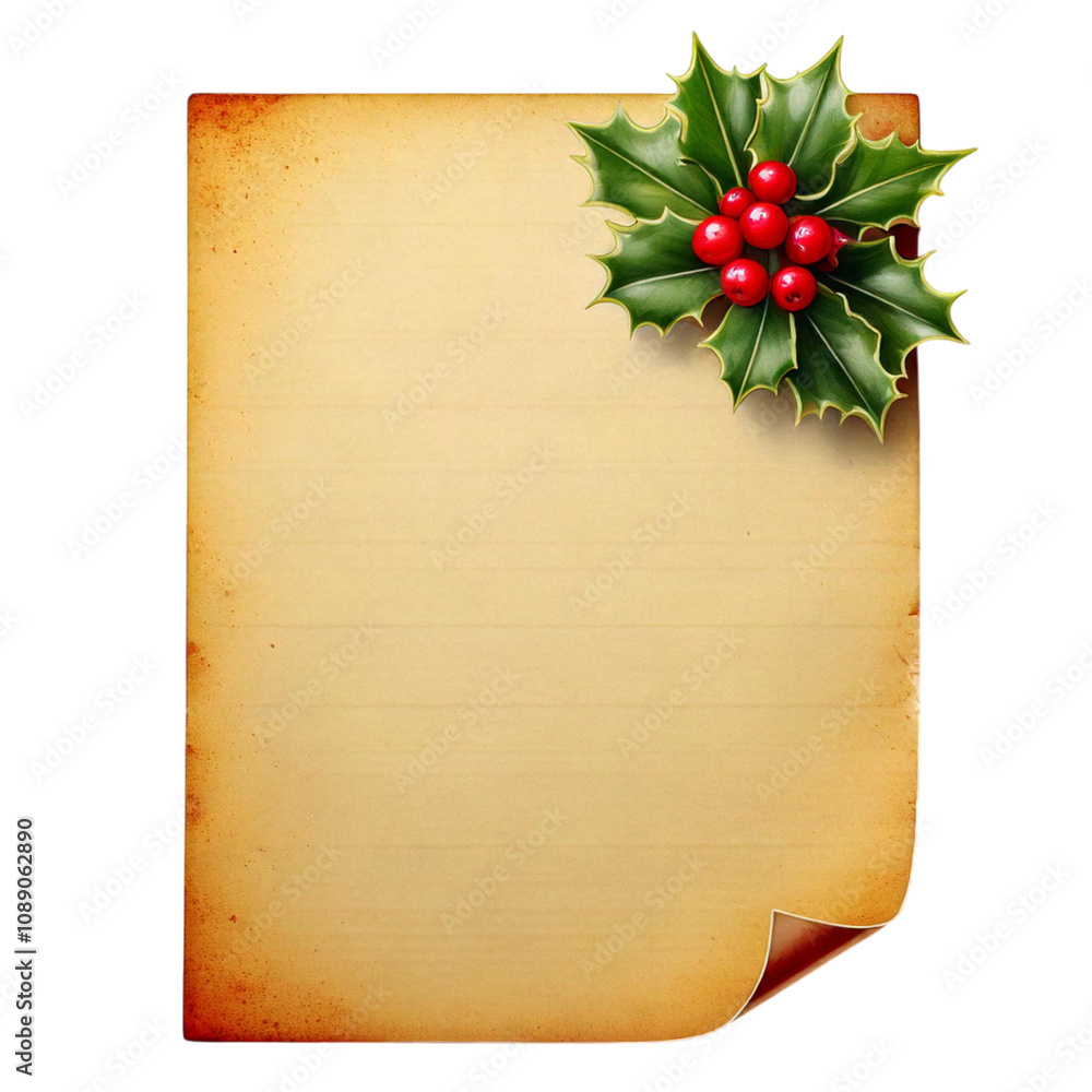 Wall mural Empty vintage sheet of paper with festive holly decoration; PNG