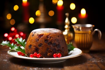 Close up classic plum pudding on festive table celebrating Christmas eve