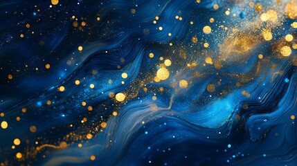 Mesmerizing Glowing Blue and Gold Design with Glittering Accents, Capturing the Ethereal Beauty of Cosmic Elements in a Vivid Color Palette