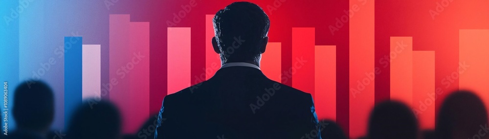 Poster a business leader analyzing data trends with a colorful graph backdrop, symbolizing growth and innov