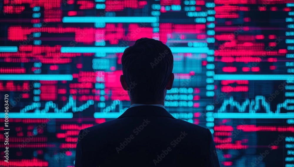 Poster a businessman analyzing data trends on a digital screen filled with vibrant graphs and statistics.