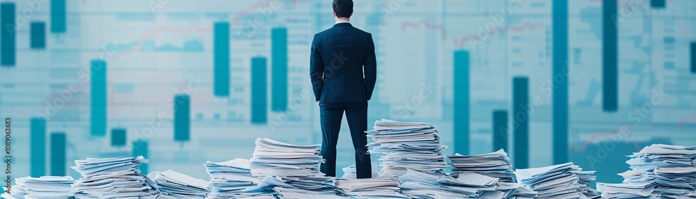 Poster a businessman stands thoughtfully on a mountain of paperwork, analyzing data against a backdrop of f