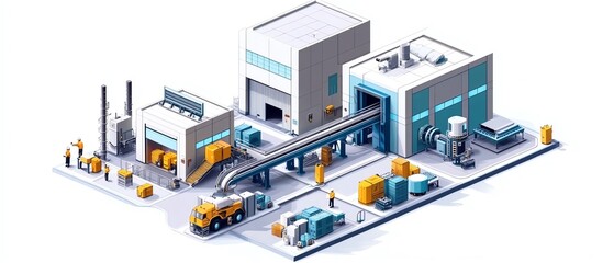 Fototapeta premium Isometric industrial factory vector, robotic conveyor line, plant workers interacting, electronic manufacturing process, hightech design