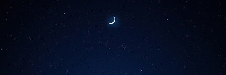 Fototapeta premium A vast expanse of dark blue sky with countless twinkling stars and a crescent moon shining brightly, crescent moon, mystery of the universe, summer night