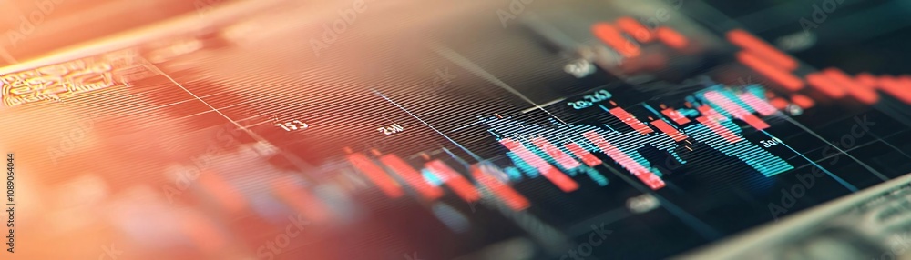 Poster a close-up view of a financial chart with colorful graphs representing stock market trends and data 