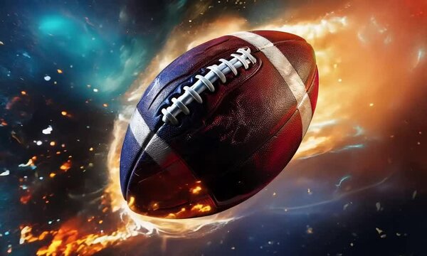 American football ball banner on fire background. Template for bookmaker ads with copy space. Mockup for betting advertisement. Sports betting application, football betting, gambling, bookmaker