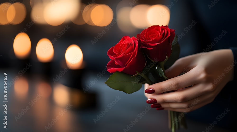 Wall mural A romantic gesture of one person presenting a bouquet of red roses