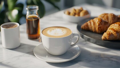 A cozy coffee scene with a latte, pastries, and a touch of greenery, perfect for morning indulgence.