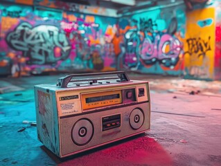retro boombox with cassette tape recorder in a graffiti-covered room, vibrant and nostalgic, echoing the sounds and culture of the 1980s urban music scene