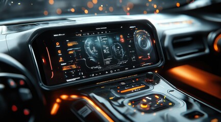 Futuristic car interior with advanced digital dashboard and orange accents.