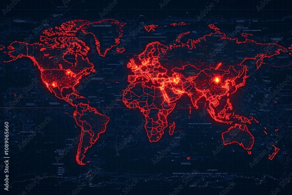 Poster a digital map of the world illuminated with red neon lights, showcasing global connectivity and data