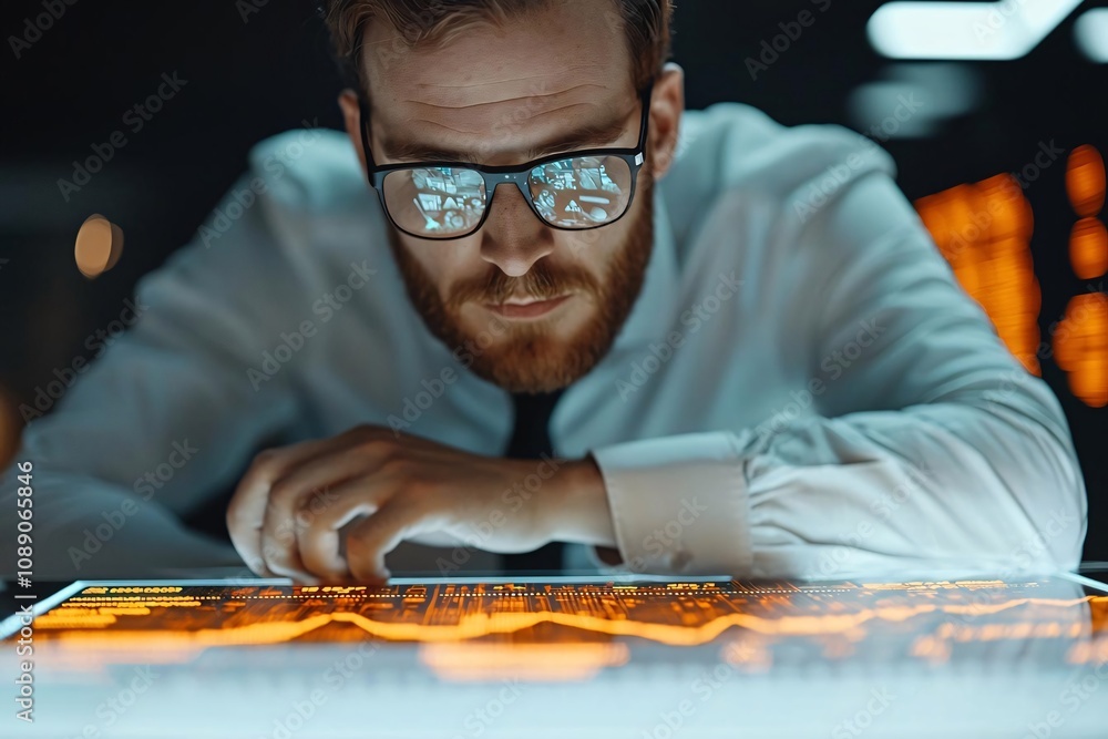 Aufkleber a focused businessman analyzing data on a digital display in a modern, high-tech environment.