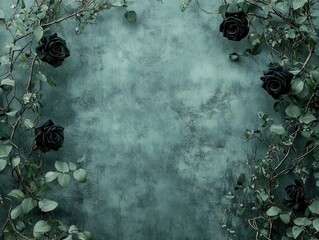 Fototapeta premium rich dark green concrete wall background framed by intricate black roses entwined with delicate twigs and lush greenery, creating a moody and poetic atmosphere with fantasy elements