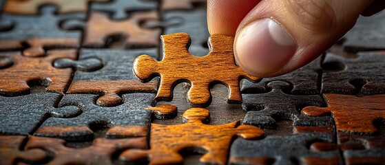 Conceptual art of decisionmaking, hand placing wooden puzzle piece, last piece fitting, visual representation of problemsolving and logic