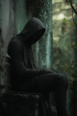 A solitary hooded figure sits with head bowed amidst overgrown foliage and ruined structures, evoking mystery.