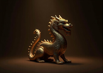 Fototapeta premium Golden dragon figurine on dark background representing Chinese culture