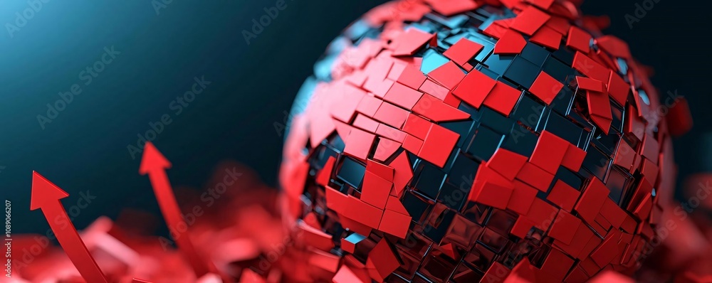 Poster a modern abstract representation of data analytics with a vibrant red sphere and directional arrows 