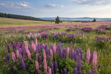 Fototapeta premium A field of purple and pink wildflowers in full bloom, purple blooms, pink flowers, floral arrangement
