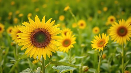 Obraz premium Bright yellow sunflower in a lush green field, summer, nature, sunflowers