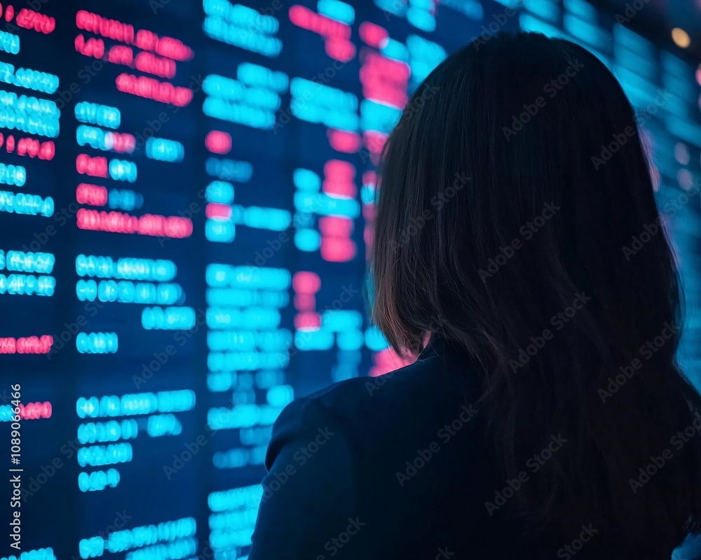 Poster a professional observing data on a digital screen, illustrating technology and analysis in the moder