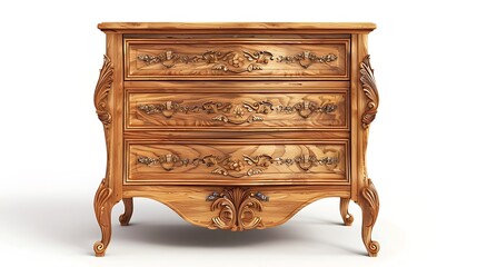 A beautifully crafted wooden dresser with three ornate drawers, showcasing intricate carvings and elegant design.