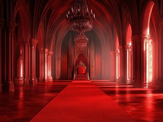 richly colored red carpet leading elegantly to a grand throne inside a majestic castle, embodying opulence and royal splendor within a regal interior