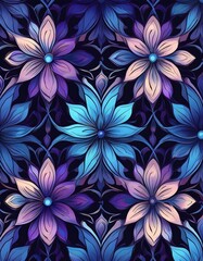 Seamless pattern of blue winged flowers with geometric design set against a dark background. Generative AI