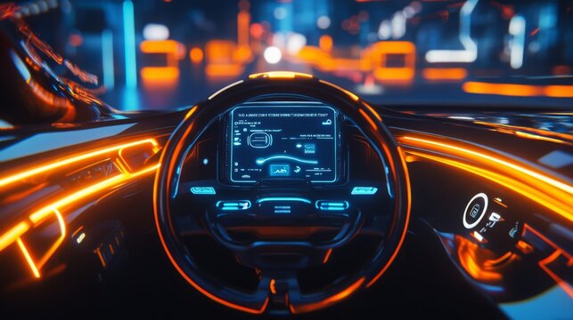 The interior of a modern vehicle showcases a vibrant dashboard illuminated by neon lights, set against a futuristic cityscape at night. The sleek design emphasizes technology and innovation.