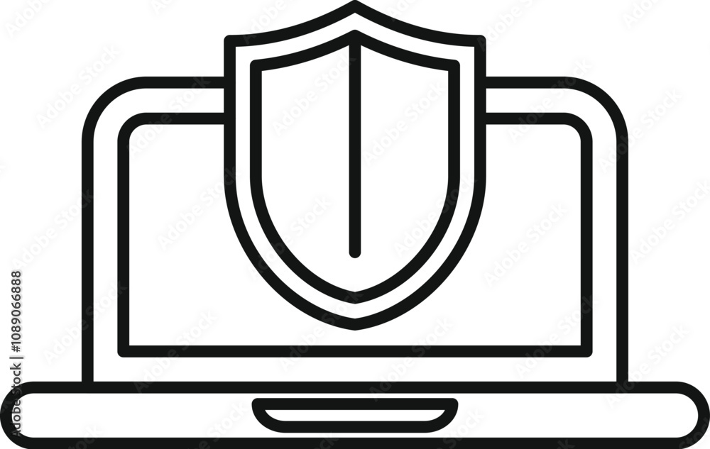 Aufkleber simple and modern line drawing representing a laptop being protected by a shield, symbolizing online