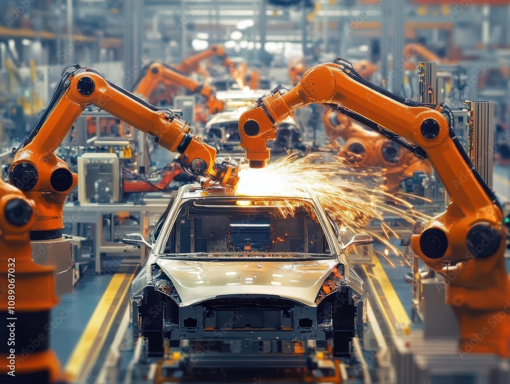 Aufkleber robotic assembly line in an automotive factory, showcasing advanced machinery and technology working
