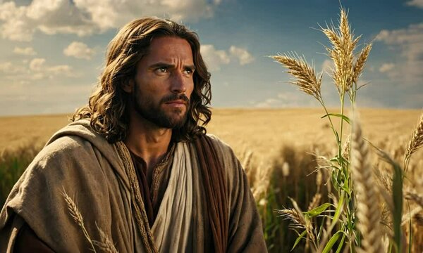 Jesus in a field of wheat and weeds, symbolizing the biblical parable of judgment and faith.