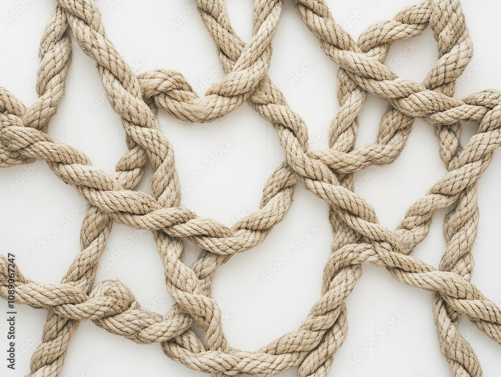 Poster rope and string artfully arranged in an intricate pattern on a clean, white canvas, highlighting the textures and natural tones of the materials