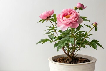 Close-up of a delicate potted peony with lush green leaves and pink flowers in a white ceramic pot, flower arrangements, botanicals, vintage charm, spring flowers, romantic decor