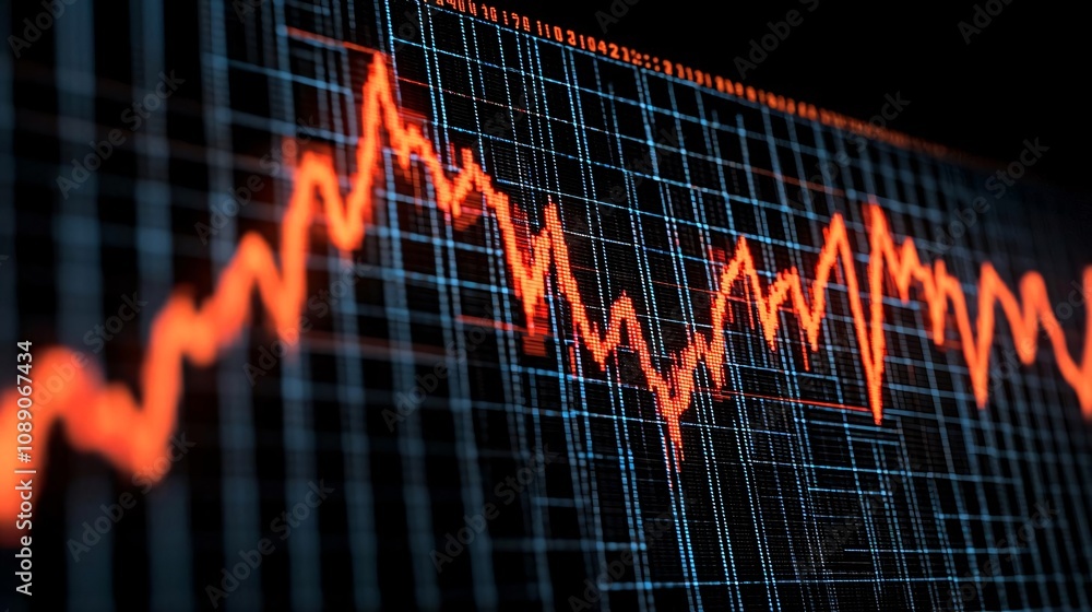 Poster abstract digital graph showing fluctuating trends in finance, showcasing growth and declines over ti