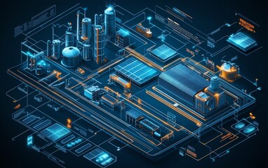 Isometric vector diagram of a solar plant, solar cell equipment, ongrid inverter system, renewable energy technology concept