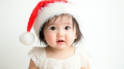 A charming child wears a festive red Santa hat, evoking the holiday spirit against a simple monochrome backdrop. This delightful look is perfect for Christmas and New Year celebrations