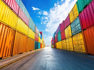 Fototapeta premium rows of colorful cargo containers stacked on massive container ships docked in an industrial port, illustrating the global trade and shipping industry's scale and logistics