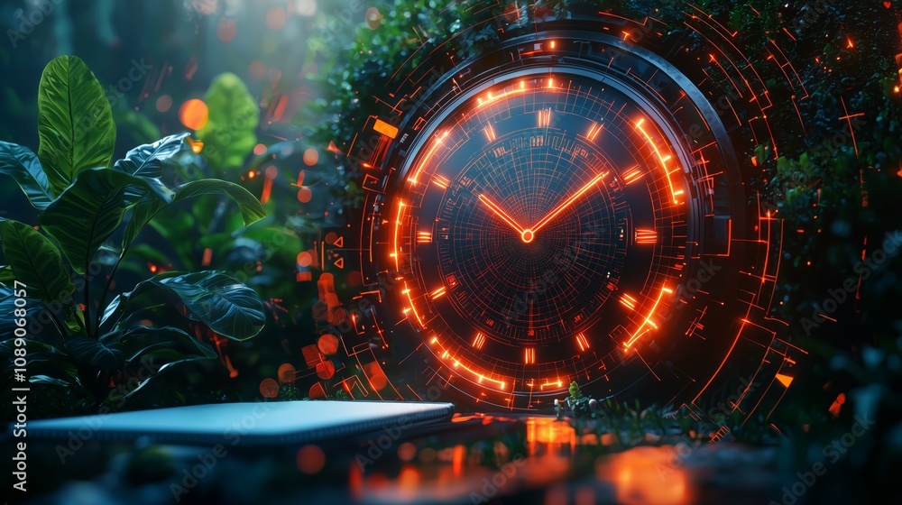 Poster futuristic clock surrounded by lush greenery in a dreamlike forest environment, blending nature and 
