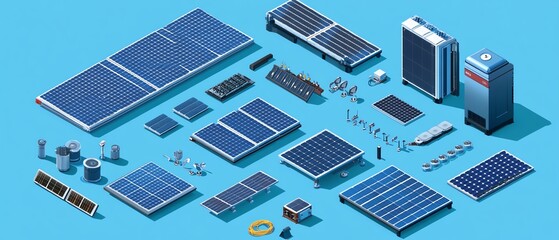 Isometric vector diagram of solar energy plant, solar cell equipment with ongrid inverter system, clean energy technology concept