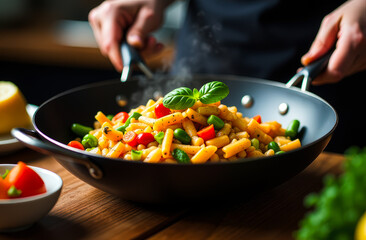 A person is cooking a stir fry with colorful vegetables in a wok on a stove