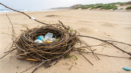 nest made of twigs and debris on sandy beach, containing colorful plastic items, highlighting pollution and environmental issues