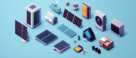 Isometric view of solar cell equipment, ongrid inverter system diagram, solar energy plant components, modern renewable technology illustration