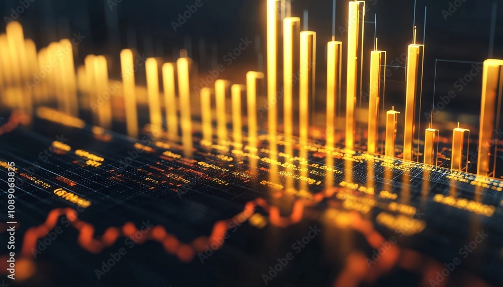 Poster dynamic financial data visualization with glowing bar graphs representing market trends and analytic