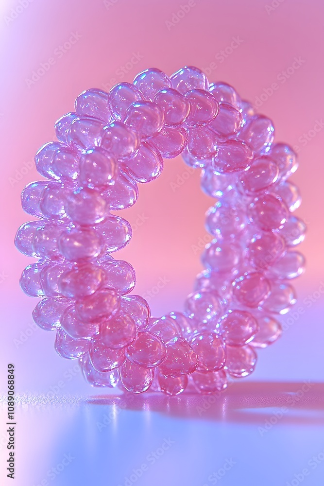 Poster a translucent pink circular object made of interconnected beads against a soft gradient background.