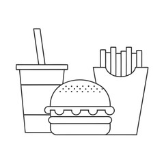 Hamburger, Soft Drink, and French Fries Fast Food Icon Vector Line Art.