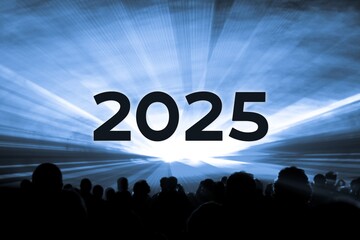 Happy new year 2025 blue laser show party people crowd. Luxury entertainment with audience silhouettes turn of the year celebration. Premium nightlife event at holidays season party time