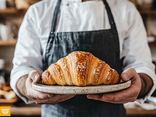 Freshly baked croissant served by a chef, showcasing the golden crust and flaky texture perfect for breakfast.