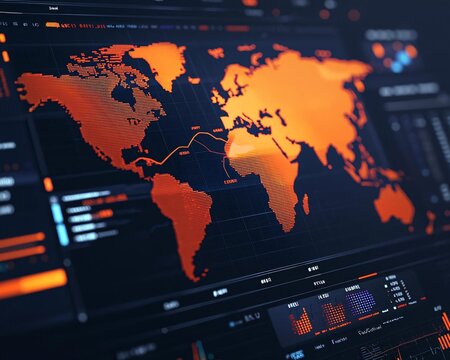 High-tech interface showcasing a world map with data visualization in orange hues and digital elements. - Powered by Adobe